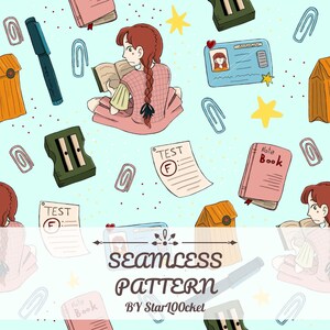 Puede incluir: Un patrón continuo sobre fondo azul claro con ilustraciones de una persona con trenzas pelirrojas leyendo un libro, cuadernos rosas, sacapuntas verdes, clips azules, estrellas amarillas, tarjetas de identificación y exámenes con una F.