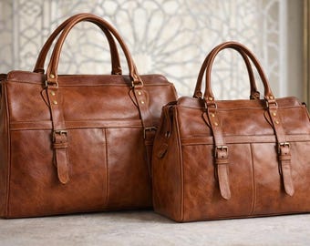 Vintage Brown Leather Duffel Bag, Unisex Travel Bag, Leather Weekender Bag for Men & Women