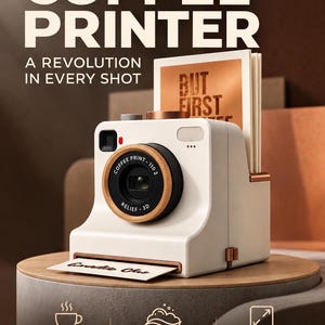 Może przedstawiać: Biało-miedziana drukarka do kawy z czarnym pierścieniem obiektywu z napisem COFFEE PRINT-110 2 RELIEF-3D. Urządzenie posiada górny otwór z kartą z napisem BUT FIRST oraz otwór wyjściowy, z którego wysuwa się mała biała karta z tekstem.