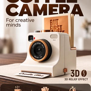 Può includere: Una fotocamera istantanea color crema con anello dell'obiettivo e dettagli color bronzo. La fotocamera presenta il testo COFFEE CAMERA, BUT FIRST COFFEE e 3D RELIEF EFFECT. Include icone per le funzioni di stampa istantanea e adesivi fotografici.