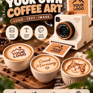 Pode incluir: Uma impressora de arte para café branca com anel de lente cor de cobre, imprimindo um cartão quadrado com logo de montanha. Três canecas de cerâmica exibem latte art com um logo, o texto Good Morning e um gato. Texto: Make it YOUR OWN COFFEE ART.
