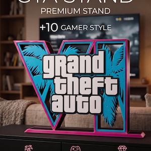 Könnte beinhalten: Ein dekorativer Ständer mit dem Grand Theft Auto V Logo in leuchtenden Pink- und Blautönen sowie Palmensilhouetten. Der Text GTA STAND, PREMIUM STAND, +10 GAMER STYLE, DESIGN VICE CITY, FOR CONTROLLERS und PREMIUM QUALITY ist zu sehen.