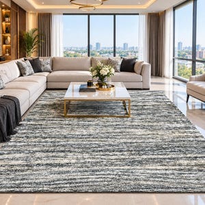 Textured Wool Loop Rug, Charcoal & Cream Striped Area Rug, Hand-loom Bouclé Accent Carpet, Minimalist Abstract Living Room Rug ready stock