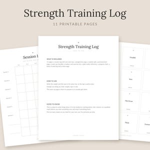 Cuaderno de entrenamiento de fuerza imprimible, series y repeticiones, página del programa y registros personales.