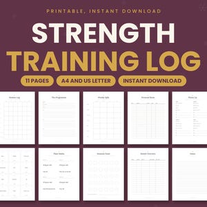 May include: A printable strength training log featuring 11 pages in A4 and US letter sizes. The document includes sections for session logs, program details, weekly splits, personal bests, warm-ups, plate math, session dates, month overviews, and notes.
