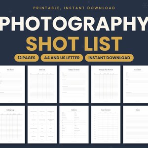 Pode incluir: Um modelo imprimível de lista de fotos com 12 páginas nos tamanhos A4 e US letter. O documento inclui seções para listas de fotos, detalhes do cliente, configurações, locais, registros de edição, entrega, visão geral do ano e notas.