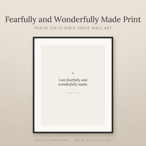Fearfully and wonderfully made print, Psalm 139:14 bijbeltekstposter, minimalistische wall art voor de babykamer