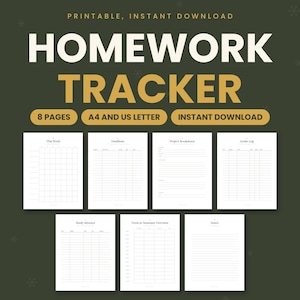 May include: A digital homework tracker set featuring eight printable pages in A4 and US letter sizes. The text reads PRINTABLE, INSTANT DOWNLOAD, HOMEWORK TRACKER, 8 PAGES, A4 AND US LETTER, INSTANT DOWNLOAD. The pages include grids for weekly tasks, deadlines, project breakdowns, grade logs, study minutes, term overviews, and notes.