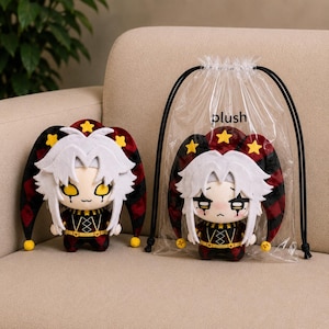 May include: Two plush dolls featuring white hair and jester hats with red and black diamond patterns and yellow stars. One doll is outside, and one is inside a clear plastic drawstring bag with the word plush printed on the front surface.