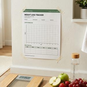 Può includere: Un grafico di monitoraggio della perdita di peso è attaccato a un muro, con il testo "WEIGHT LOSS TRACKER" e un grafico di avanzamento di 12 settimane. Una bilancia digitale indica 79.3 kg. Una bottiglia d'acqua con "STAY HYDRATED" è accanto alla frutta.