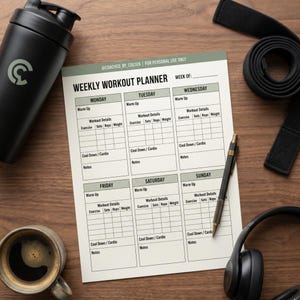 May include: A weekly workout planner with sections for each day of the week. A black water bottle, pen, headphones, and a coffee cup are also visible. The planner includes space for exercise details and notes.