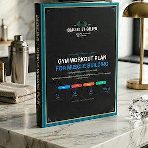 Puede incluir: Un libro negro y verde azulado de plan de entrenamiento de gimnasio titulado "Gym Workout Plan for Muscle Building" de Coached by Colten. El libro presenta una guía de hipertrofia periodizada de 12 semanas y un plan para la construcción muscular.