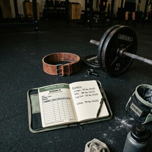 May include: A weightlifting setup featuring a brown leather belt, a barbell with 45 lb plates, and a workout journal. The journal, labeled "Coached by Colten," lists exercises like lunges and leg curls. A small bag with "STRENGTH" is also visible.