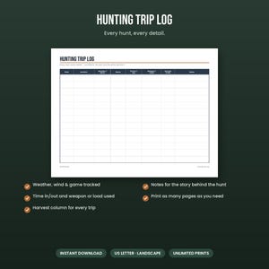 May include: A white hunting trip log template in landscape orientation with a dark header. The grid includes columns for date, location, weather, wind, game, time in and out, weapon, load, harvest, and notes. The text reads Hunting Trip Log.