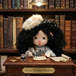 Puede incluir: Una muñeca con cabello rizado negro y un sombrero color crema está sentada en un escritorio de madera, escribiendo con una pluma. La muñeca lleva un suéter gris y tiene una expresión de sorpresa. Un tintero y un mapa enrollado están sobre el escritorio. El escritorio tiene un letrero de "Palm Theater Studio".