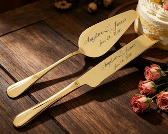 Gravierte Hochzeitstorte Servierset, Gold Silber Servierschneider, Jubiläumsgeschenk