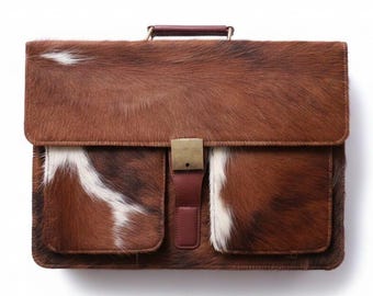 Handmade Hair-On Cowhide Leather Laptop Bag, Brown White Messenger Briefcase (17 Inch)