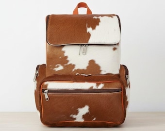 Brown White Cowhide Hair-On Leather Backpack, Rustic Western Travel Bag