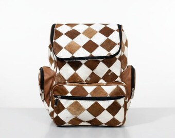 Handmade Cowhide Patchwork Leather Backpack, Western Hairon Travel Bag
