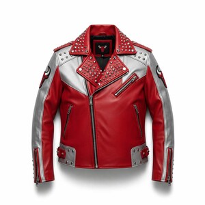 Red Studded Leather Biker Jacket – Chicago Bull Style Moto Coat