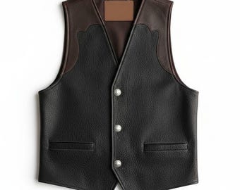 Men's Black Sheep Leather Vest, Western Biker Waistcoat, Genuine Soft Leather, Brown Yoke Detail