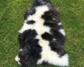 Black White Sheepskin Rug | Genuine New Zealand Wool, Handmade Luxury Fur, Soft Home Decor