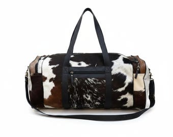 Handmade Cowhide Leather Duffle Bag | Hair On Leather Travel Bag | Western Weekender Bag | Genuine Leather Overnight Bag