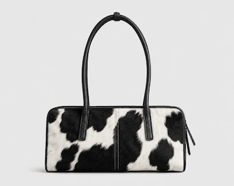 Black White Cowhide Leather Tote Bag, Hair on Hide Shoulder Purse, Handmade Leather Handbag, Women's Everyday Tote, Gift for Her
