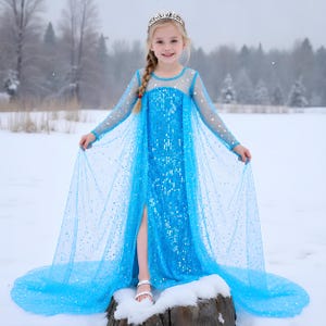 Elsa Prinzessinnen Kleid für Mädchen – Blaues Schneekönigin-Kostüm mit Pailletten & Schleppe