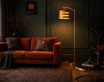 Mid Century Modern Antique Brass Floor Lamp with Wooden Shade, Tall Customizable Standing Lamp