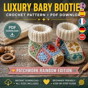 Puede incluir: Un par de patucos de bebé de ganchillo con un diseño de parches de cuadrados de la abuela en colores y puños acanalados de color crema. La imagen incluye el texto LUXURY BABY BOOTIES, CROCHET PATTERN, PDF DOWNLOAD y PATCHWORK RAINBOW EDITION.