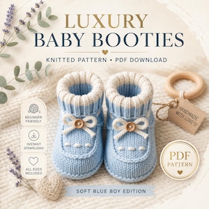 May include: A pair of light blue knitted baby booties with white trim and wooden button accents. The text "LUXURY BABY BOOTIES" and "SOFT BLUE BOY EDITION" are displayed. A wooden ring and a tag that says "HANDMADE WITH LOVE" are also visible.