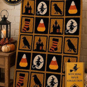 Halloween Crochet Blanket Pattern: Witch, Haunted House, Crow Motifs (PDF Download)