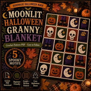 May include: A crochet blanket featuring a grid of squares with five Halloween motifs: orange jack-o'-lanterns, white skulls, purple cauldrons, crescent moons with stars, and striped witch legs with black boots, all bordered in black.