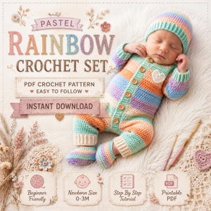 May include: A pastel rainbow crochet set for newborns, including a hat and jumpsuit, is displayed. The set features a heart-shaped detail and wooden buttons. The image includes text that reads "Pastel Rainbow Crochet Set" and "PDF Crochet Pattern Easy to Follow."