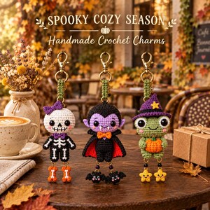 Halloween Crochet Keychain Pattern Bundle PDF, Skeleton Vampire Witch Frog Amigurumi, Spooky Bag Charm Digital Pattern