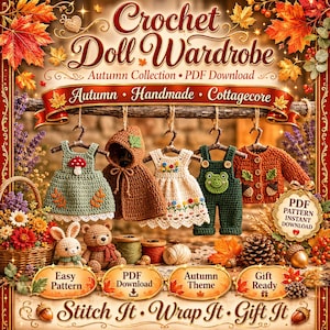 May include: A digital pattern collection titled Crochet Doll Wardrobe Autumn Collection featuring illustrations of crocheted doll clothing including a green dress, brown hooded cape, white floral dress, green overalls, and a brown cardigan.