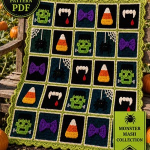 Halloween Crochet Blanket Pattern: Frankenstein, Vampire, Spider, Candy Corn Motifs (PDF Download)