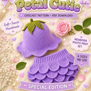Purple Flower Baby Bonnet Bloomer Crochet Pattern | Petal Hat Diaper Cover Set | Newborn Photo Prop PDF | 0-12M Baby Girl Outfit