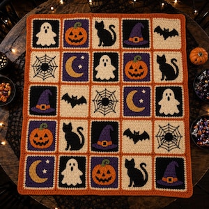 Halloween Blanket Crochet Pattern Ghost Pumpkin Black Cat Witch Hat Bat Spiderweb Moon Granny Square Afghan PDF Instant Download