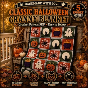 May include: A crochet pattern PDF for a classic Halloween granny blanket featuring 5 spooky motifs including spiders, cats, pumpkins, ghosts, and cauldrons. The blanket is composed of square panels in orange, green, and black with white details.