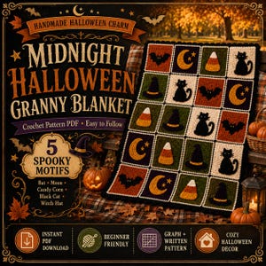 May include: A crochet blanket featuring a grid of squares with Halloween motifs including black cats, bats, moons, candy corn, and witch hats. The text reads "Handmade Halloween Charm," "Midnight Halloween Granny Blanket," and "5 Spooky Motifs."