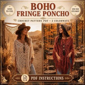 Easy Crochet Pattern, Boho Fringe Poncho PDF | XS-XXL, Two Colorways