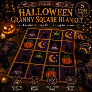 May include: A crochet pattern PDF for a Halloween granny square blanket featuring five spooky motifs including a witch hat, black cat, cauldron, pumpkin, and crescent moon. The design uses a grid of purple and black squares with orange borders.