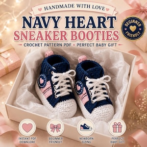 Navy Heart Sneaker Booties Crochet Pattern PDF (Beginner Friendly)