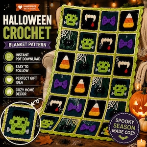 Pode incluir: Uma manta de crochê com uma grade de quadrados com motivos de Halloween, incluindo rostos verdes de Frankenstein, presas de vampiro brancas com gotas vermelhas, laços roxos, doces de milho laranja e amarelos e aranhas pretas.