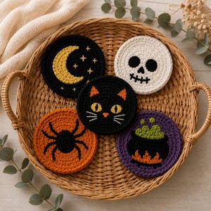 May include: Five circular crochet coasters featuring Halloween designs: a yellow crescent moon with stars on black, a white skull, a black cat face, an orange spider, and a purple cauldron with green bubbles and orange flames on a woven tray.