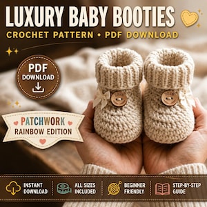 Op de afbeelding: Crèmekleurige gehaakte babyslofjes met een geribbelde manchet en houten knoopdetails. De slofjes zijn versierd met kleine strikjes en de tekst "2026" op de knopen. De afbeelding bevat de tekst "LUXURY BABY BOOTIES" en "CROCHET PATTERN • PDF DOWNLOAD".