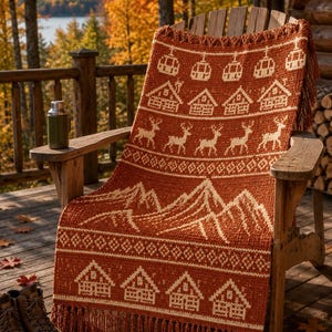 May include: A rust-orange and cream-colored knit throw blanket featuring a repeating pattern of ski gondolas, cabins, deer, and mountain peaks. The rectangular blanket is finished with a fringe trim along the top and bottom edges.
