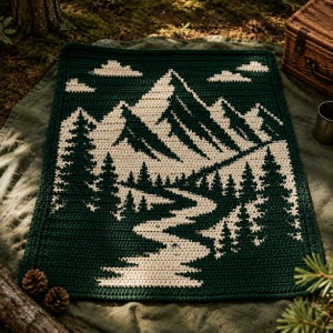 May include: A rectangular crochet wall hanging featuring a dark forest green and cream landscape design. The pattern depicts a winding river flowing through a dense pine forest toward a large mountain range under a sky with small clouds.